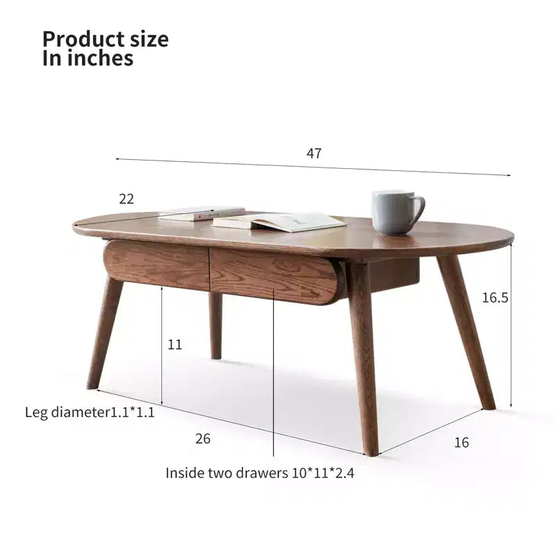 GDFStudio Yetta Table basse ovale en bois de chêne massif 47W avec deux tiroirs