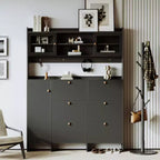 Six-Drawer Hall Tree with Tipping Buckets, Glass Doors, and 4 Hooks - Foyer Storage for Hallway