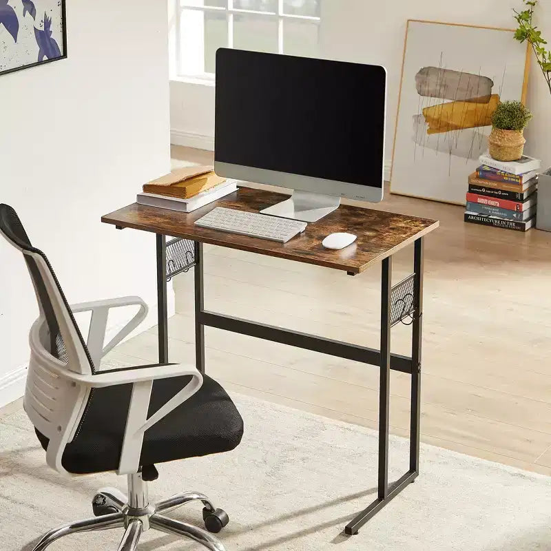 VECELO 32/44 in. Small Computer Desk, Wooden Writing Study Work Desk with Storage & Hook for Home or Bedroom, Brown