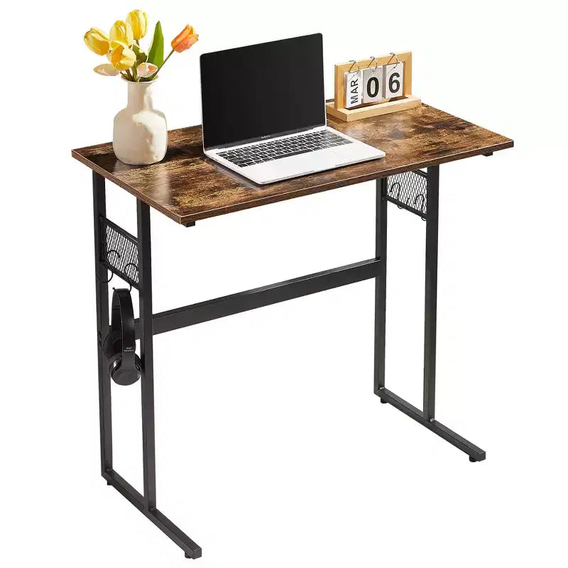 VECELO Petit bureau informatique 81/112 cm, bureau d'étude en bois avec rangement et crochet pour la maison ou la chambre, marron