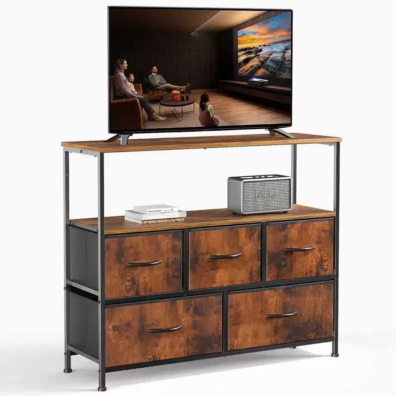 Commode haute en tissu avec dessus en bois, parfaite pour les chambres d'enfants, les placards, les entrées et les crèches