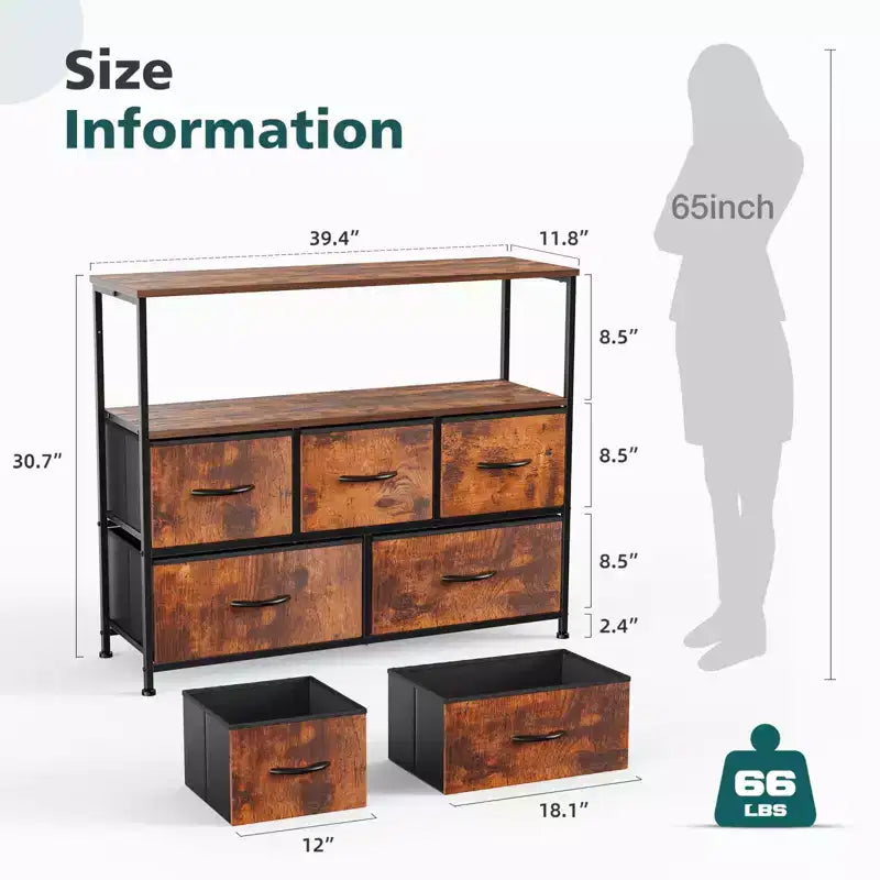 Commode haute en tissu avec dessus en bois, parfaite pour les chambres d'enfants, les placards, les entrées et les crèches