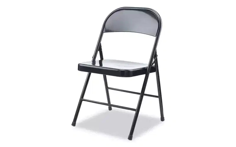 Chaise pliante Alera en acier sans accoudoirs, supporte jusqu'à 125 kg, assise noire, dossier noir, piètement noir, 4/carton
