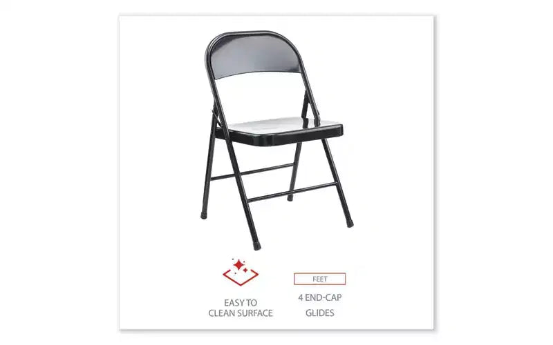 Chaise pliante Alera en acier sans accoudoirs, supporte jusqu'à 125 kg, assise noire, dossier noir, piètement noir, 4/carton