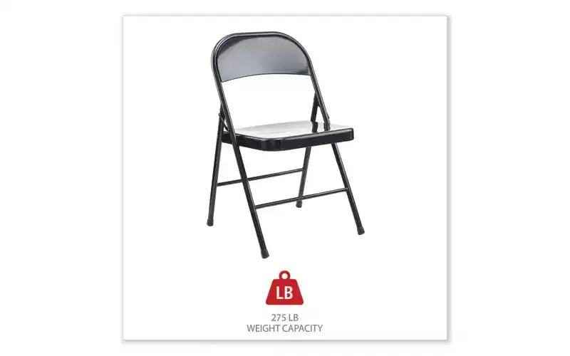 Chaise pliante Alera en acier sans accoudoirs, supporte jusqu'à 125 kg, assise noire, dossier noir, piètement noir, 4/carton