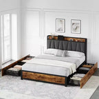Cadre de lit WhizMax double queen king avec 4 tiroirs de rangement, cadre de lit avec station de charge, sans sommier tapissier, montage facile, marron vintage