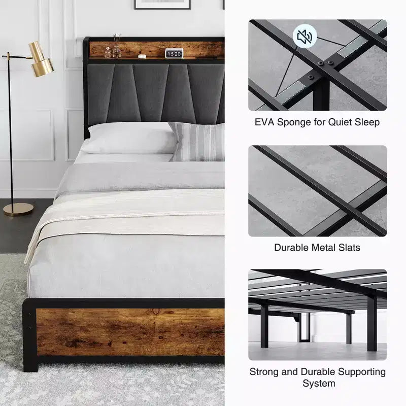 Cadre de lit WhizMax double queen king avec 4 tiroirs de rangement, cadre de lit avec station de charge, sans sommier tapissier, montage facile, marron vintage