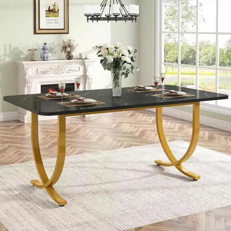 Table à manger rectangulaire Lantine pour 4 personnes, 160 cm, table de cuisine moderne avec plateau en faux marbre et pieds en métal