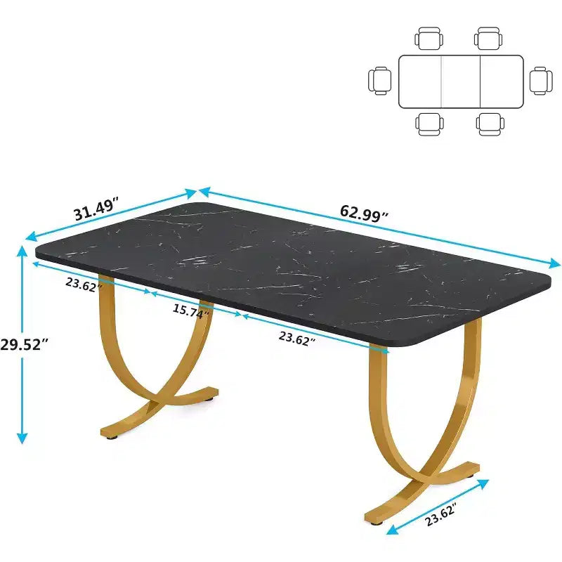 Table à manger rectangulaire Lantine pour 4 personnes, 160 cm, table de cuisine moderne avec plateau en faux marbre et pieds en métal