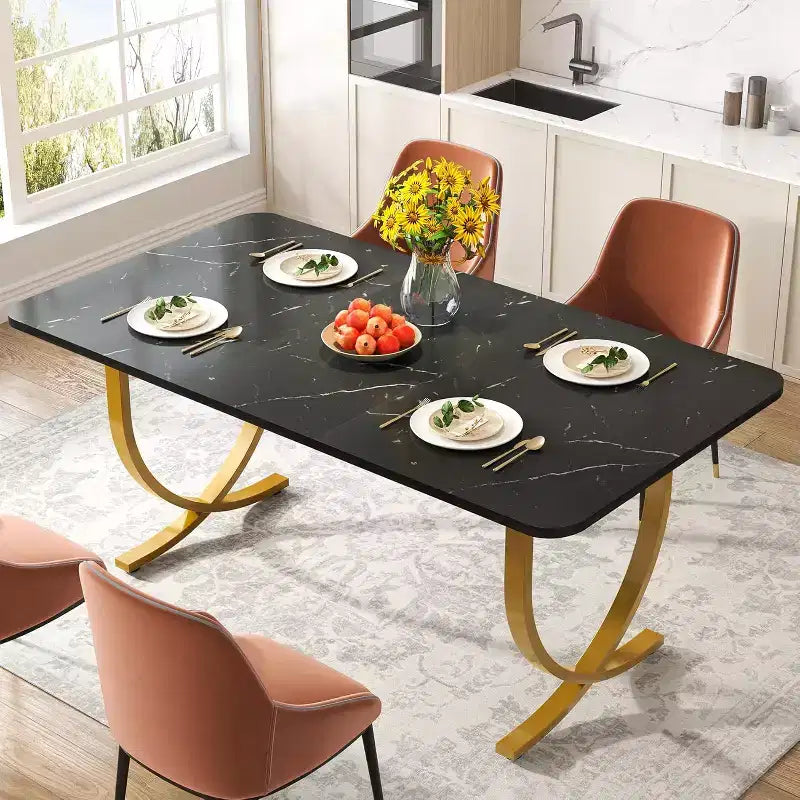 Table à manger rectangulaire Lantine pour 4 personnes, 160 cm, table de cuisine moderne avec plateau en faux marbre et pieds en métal