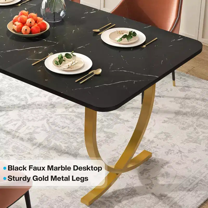 Table à manger rectangulaire Lantine pour 4 personnes, 160 cm, table de cuisine moderne avec plateau en faux marbre et pieds en métal