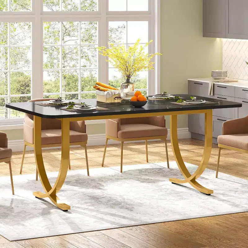 Table à manger rectangulaire Lantine pour 4 personnes, 160 cm, table de cuisine moderne avec plateau en faux marbre et pieds en métal