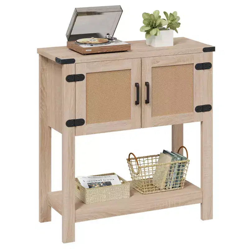 Table console de ferme EROMMY avec portes en rotin, table d'entrée avec meuble de rangement, table d'entrée en bois avec poignée métallique pour cuisine, couloir