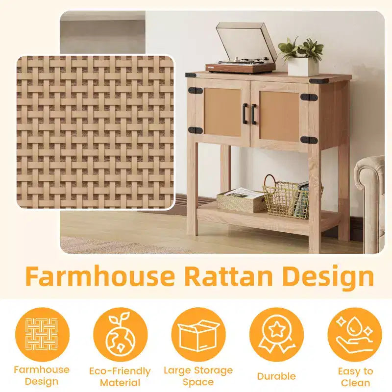 Table console de ferme EROMMY avec portes en rotin, table d'entrée avec meuble de rangement, table d'entrée en bois avec poignée métallique pour cuisine, couloir