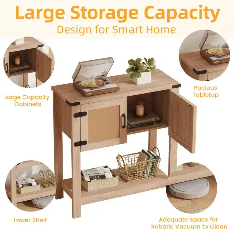 Table console de ferme EROMMY avec portes en rotin, table d'entrée avec meuble de rangement, table d'entrée en bois avec poignée métallique pour cuisine, couloir