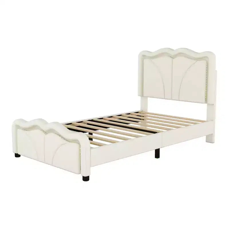 Lit plateforme rembourré double/grand avec tête de lit incurvée et réglable en hauteur, bandes lumineuses LED, PU, blanc/rose-ModernLuxe