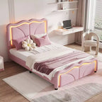Lit plateforme rembourré double/grand avec tête de lit incurvée et réglable en hauteur, bandes lumineuses LED, PU, blanc/rose-ModernLuxe