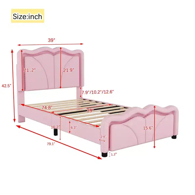 Lit plateforme rembourré double/grand avec tête de lit incurvée et réglable en hauteur, bandes lumineuses LED, PU, blanc/rose-ModernLuxe
