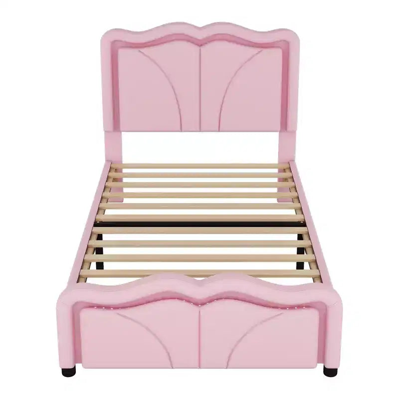 Lit plateforme rembourré double/grand avec tête de lit incurvée et réglable en hauteur, bandes lumineuses LED, PU, blanc/rose-ModernLuxe