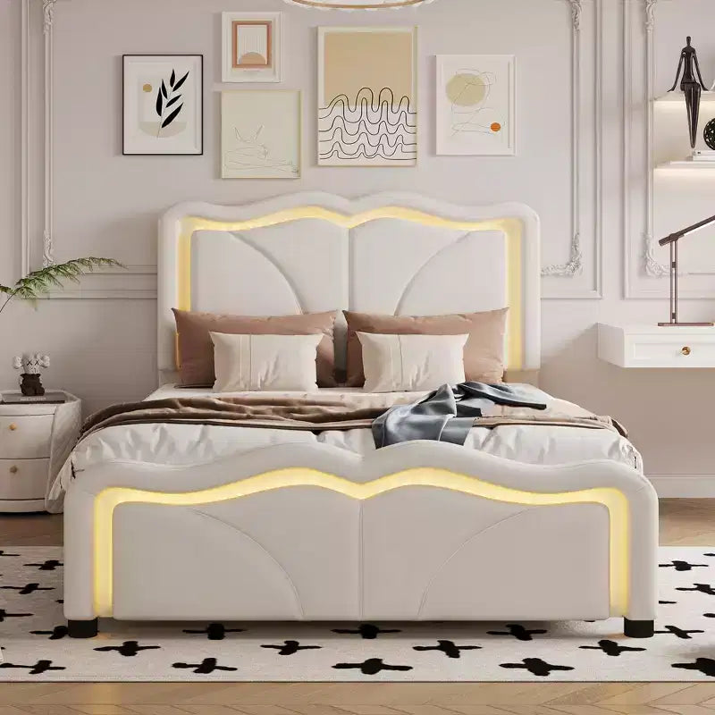 Lit plateforme rembourré double/grand avec tête de lit incurvée et réglable en hauteur, bandes lumineuses LED, PU, blanc/rose-ModernLuxe