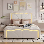 Lit plateforme rembourré double/grand avec tête de lit incurvée et réglable en hauteur, bandes lumineuses LED, PU, blanc/rose-ModernLuxe