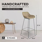 texxture Lot de 2 tabourets de bar Ormond en rotin tressé, meubles de salle à manger ou de cuisine intérieurs et extérieurs pour table ou véranda avec pieds en métal, naturel