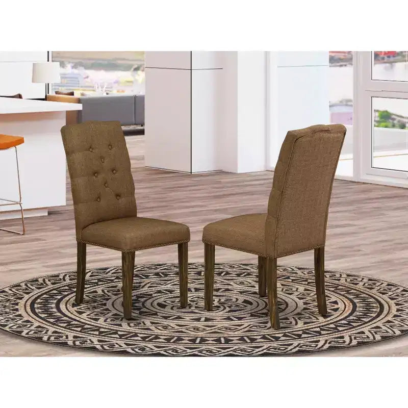 HomeStock Elsa Chaises Parson capitonnées avec clous décoratifs, lin marron, lot de 2 chaises de salle à manger Jacobean