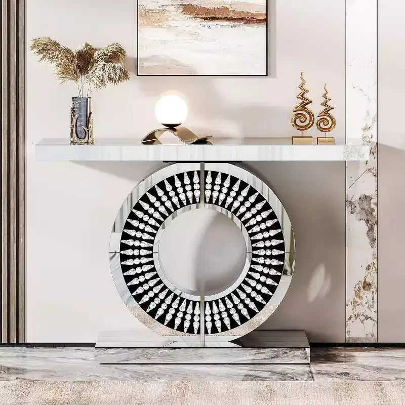Console Lantine moderne à miroir, table de canapé en verre de 109 cm avec base incrustée de cristaux étincelants pour entrée, salon, couloir