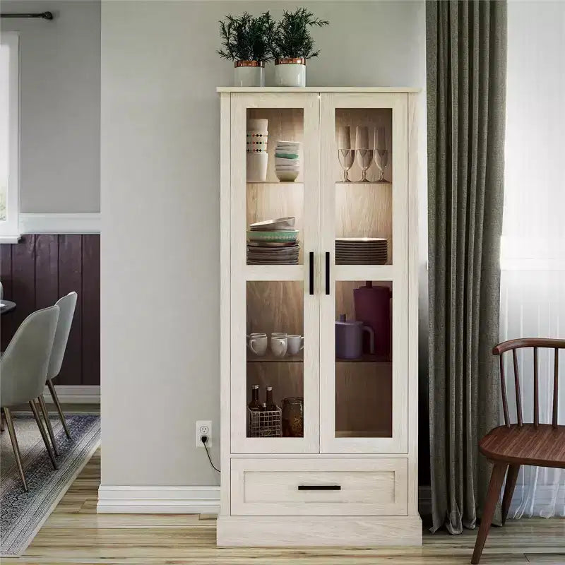 Meuble de collection Ameriwood Home Sherman avec portes vitrées et tiroir de rangement, Chêne blanc