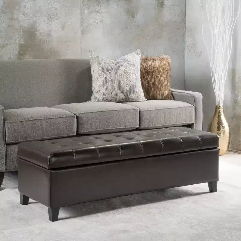 Banc ottoman de rangement capitonné en similicuir contemporain GDFStudio, marron chocolat