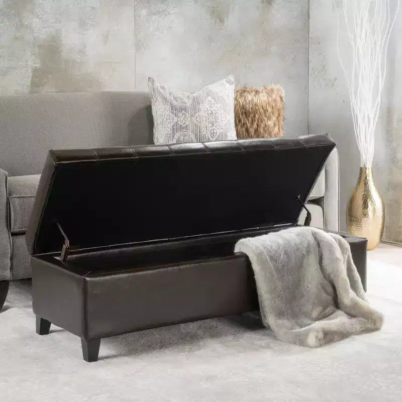 Banc ottoman de rangement capitonné en similicuir contemporain GDFStudio, marron chocolat