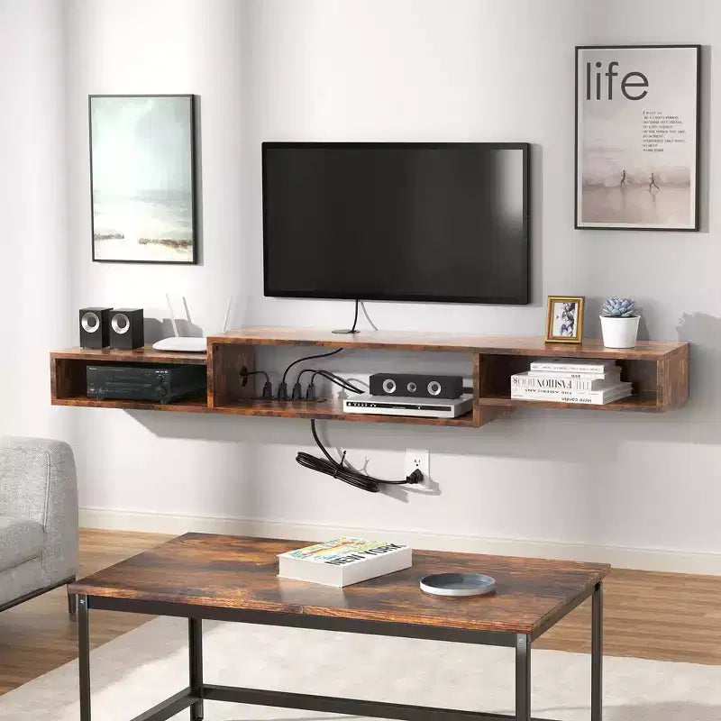 Meuble TV Mural Flottant pour Téléviseurs jusqu'à 60", Marron Rustique - Hausource: Étagère Console Multimédia avec Prise de Courant