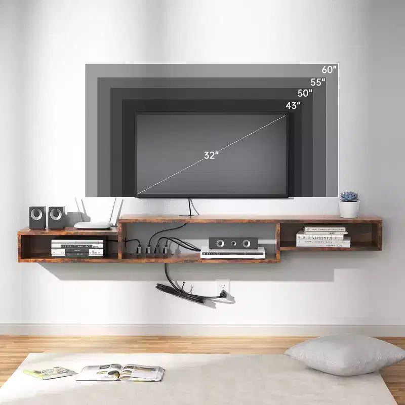 Meuble TV Mural Flottant pour Téléviseurs jusqu'à 60", Marron Rustique - Hausource: Étagère Console Multimédia avec Prise de Courant
