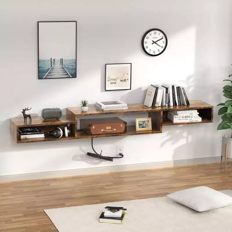 Meuble TV Mural Flottant pour Téléviseurs jusqu'à 60", Marron Rustique - Hausource: Étagère Console Multimédia avec Prise de Courant