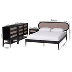 Ensemble de chambre 4 pièces Shirin queen en tissu beige et bois noir de style milieu de siècle Baxton Studio