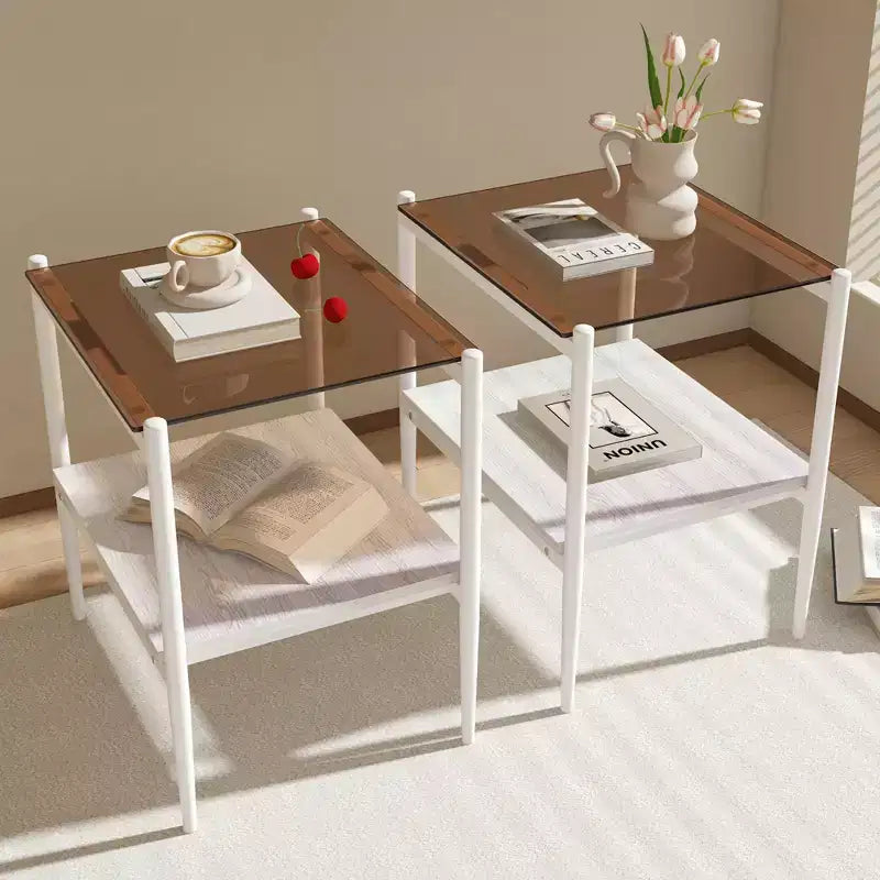 MAYEERTY Lot de 2 tables d'appoint rectangulaires avec plateau en verre trempé, pour salon, verre marron