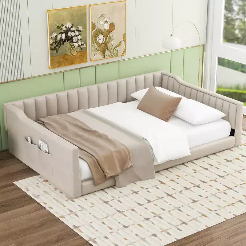 Lit de repos rembourré en velours taille Twin XL/Full XL avec poches de rangement latérales - ModernLuxe