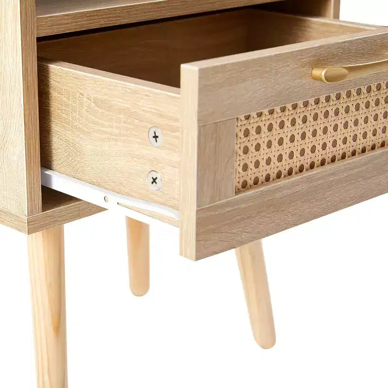 MAYEERTY Table d'appoint en rotin, Table de chevet moderne avec tiroir et pieds en bois massif, Table d'appoint pour salon, chambre à coucher, Naturel