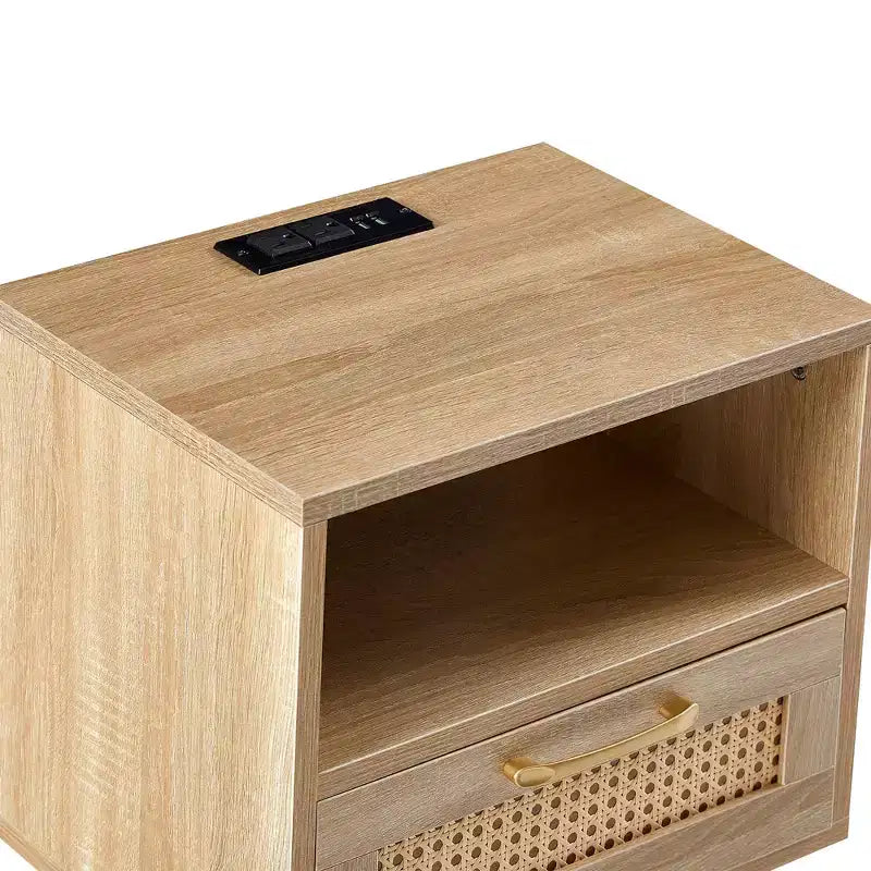 MAYEERTY Table d'appoint en rotin, Table de chevet moderne avec tiroir et pieds en bois massif, Table d'appoint pour salon, chambre à coucher, Naturel