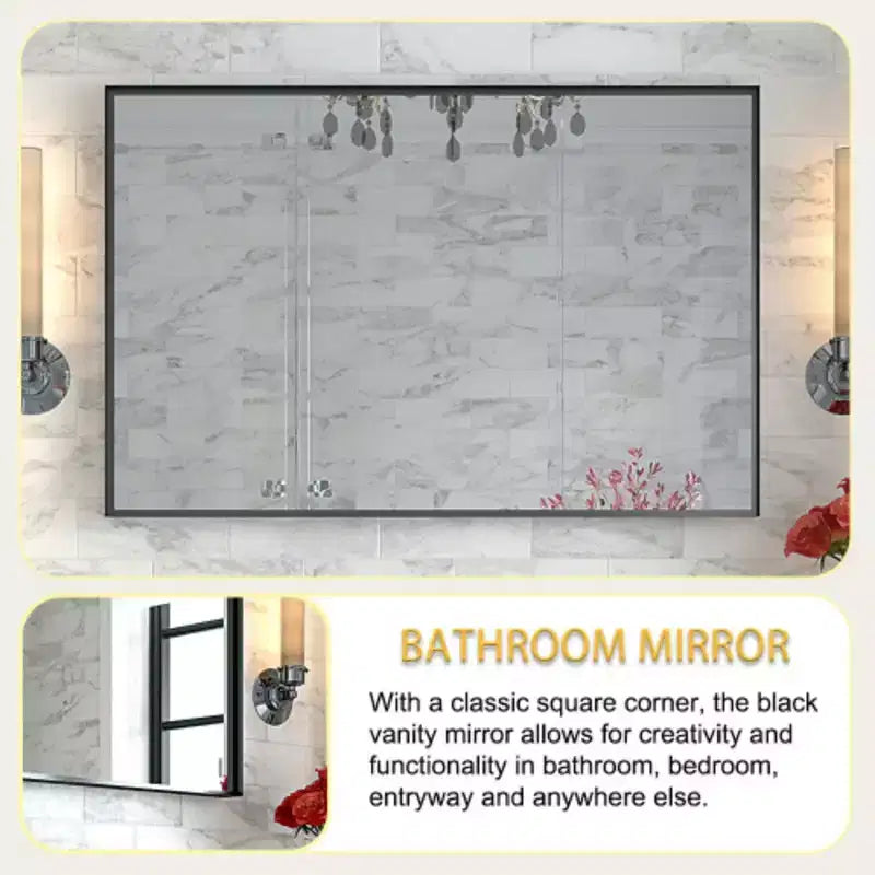 Miroirs de salle de bain noirs brillants 40x30 pouces pour mur Miroir de vanité rectangulaire à suspendre dans le coin Miroir de ferme Miroir rectangulaire encadré en métal moderne