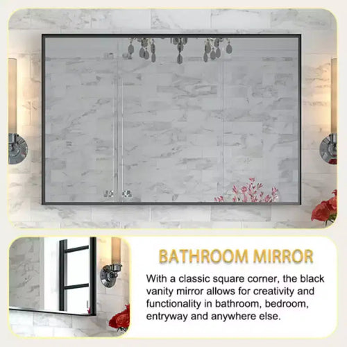 Miroirs de salle de bain noirs brillants 40x30 pouces pour mur Miroir de vanité rectangulaire à suspendre dans le coin Miroir de ferme Miroir rectangulaire encadré en métal moderne