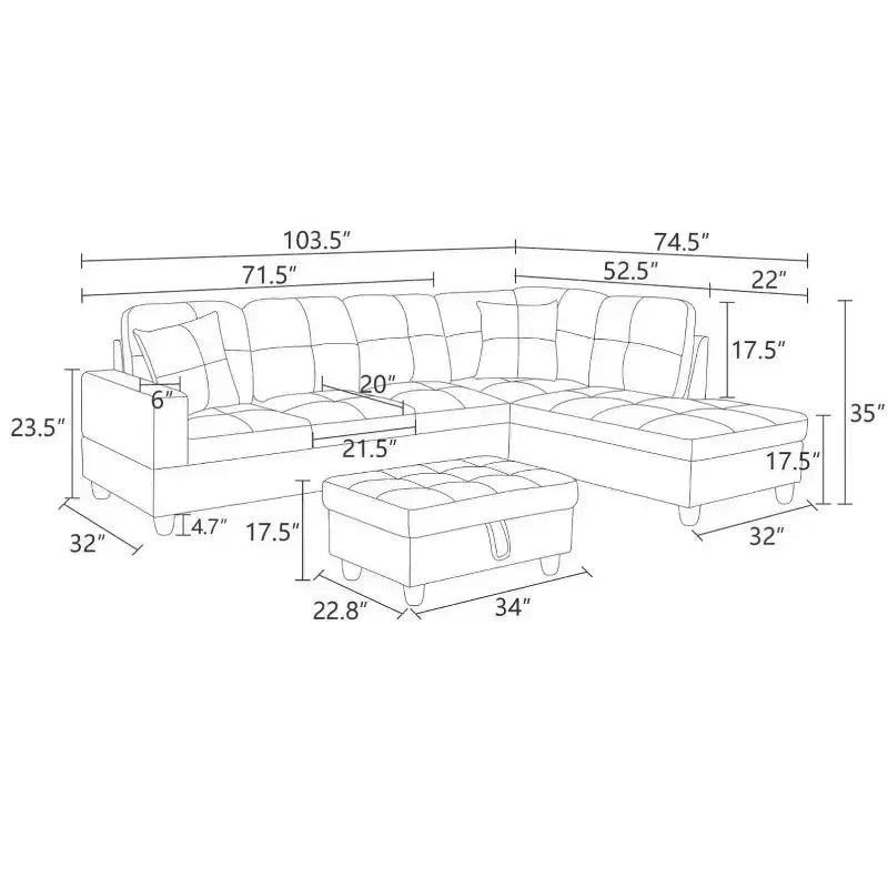 Canapé d'angle en similicuir semi-PU beige, design moderne en L, coussins capitonnés, pouf de rangement, décoration intérieure polyvalente.