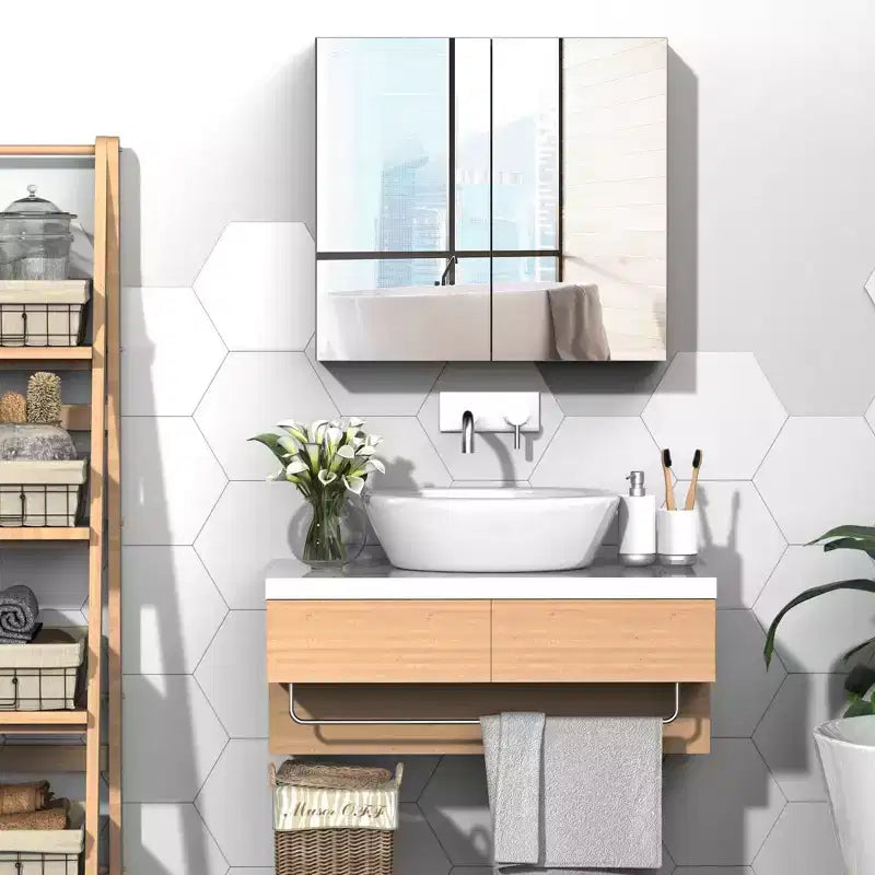 Bathroom Mirrored Cabinet, 24x22 Steel Frame Medicine Cabinet, Wall-Mounted Storage Organizer with Double Doors