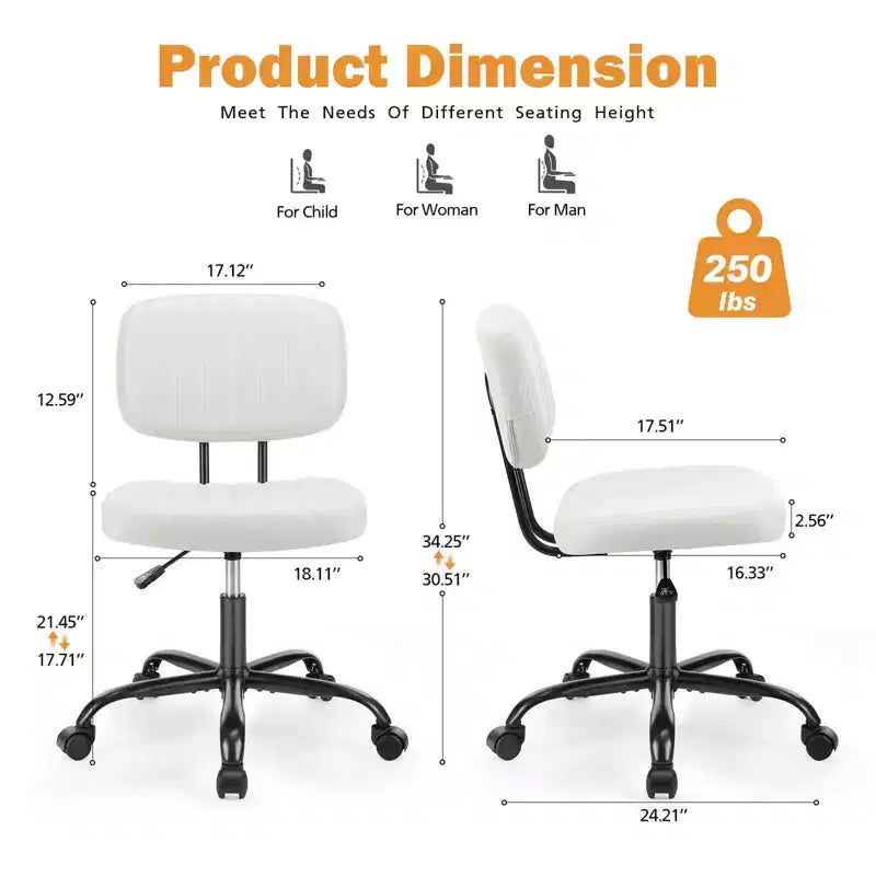 Chaise de bureau pivotante à roulettes : Hauteur réglable, Sans accoudoirs, Rotation à 360°