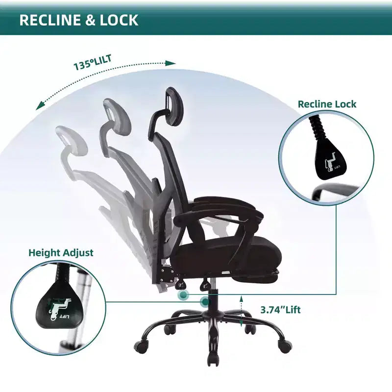 Fauteuil de bureau pivotant ergonomique avec repose-pieds rétractable, oreiller de soutien lombaire et accoudoirs rembourrés
