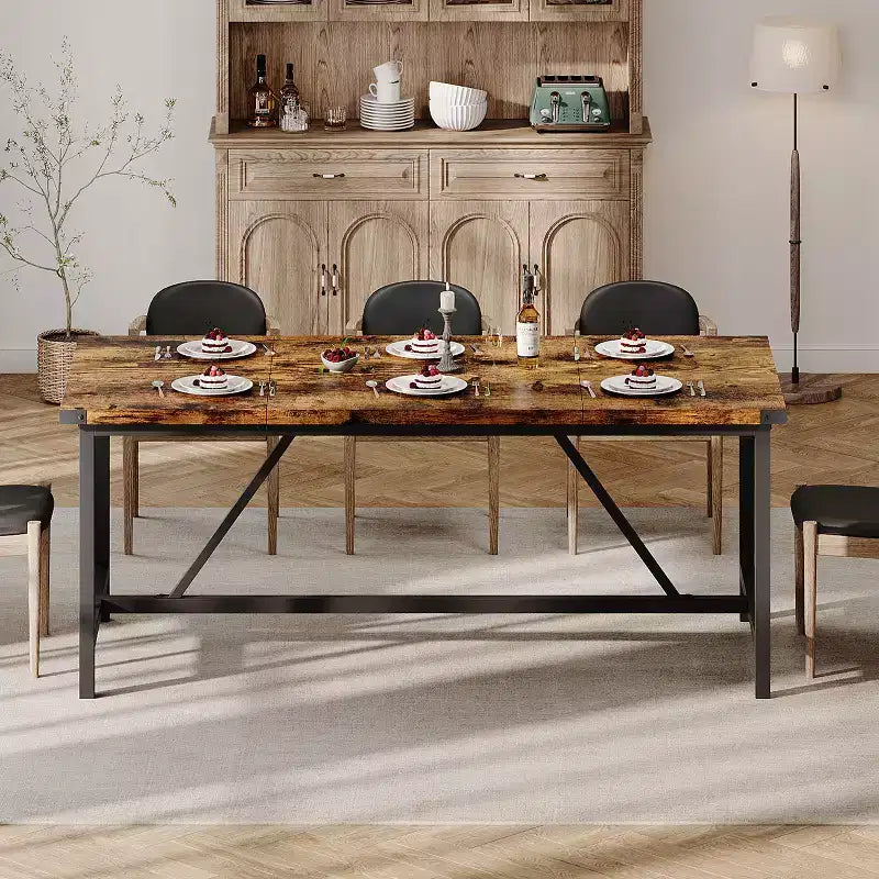 Table à manger pour 6 à 8 personnes, table de salle à manger rectangulaire en bois de 180 cm, table de cuisine robuste, table de dîner, montage facile