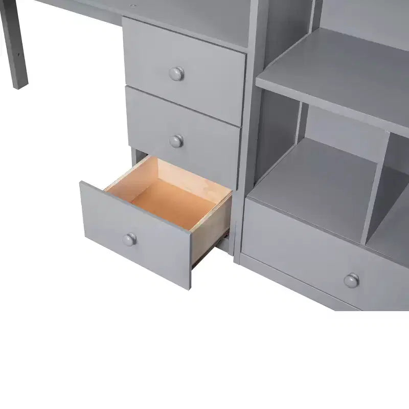 Lit mezzanine en bois Whisen 94,4''L*57,4''l avec bureau en L et tiroirs, armoire et escalier de rangement