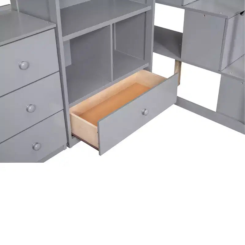 Lit mezzanine en bois Whisen 94,4''L*57,4''l avec bureau en L et tiroirs, armoire et escalier de rangement