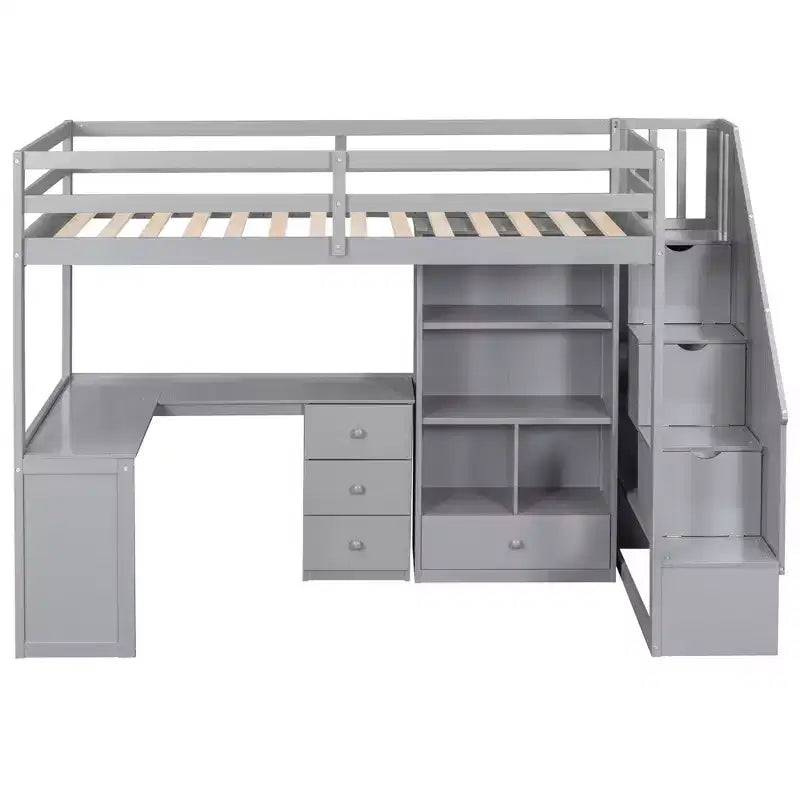 Lit mezzanine en bois Whisen 94,4''L*57,4''l avec bureau en L et tiroirs, armoire et escalier de rangement