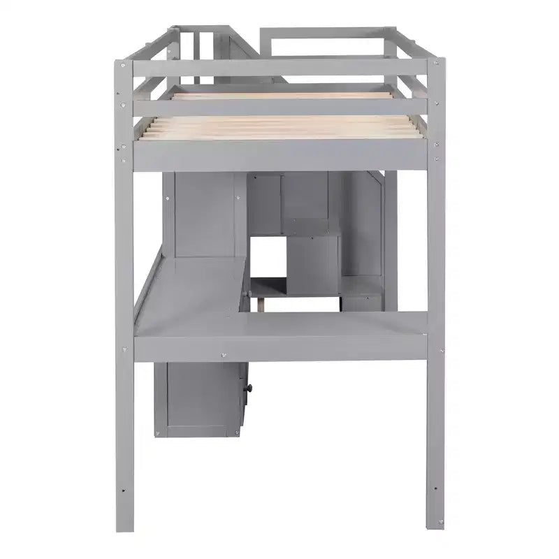 Lit mezzanine en bois Whisen 94,4''L*57,4''l avec bureau en L et tiroirs, armoire et escalier de rangement